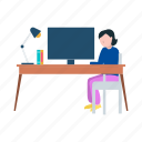 female, working, monitor, table, home