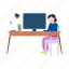 female, working, monitor, table, home 