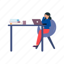 female, working, table, home, online