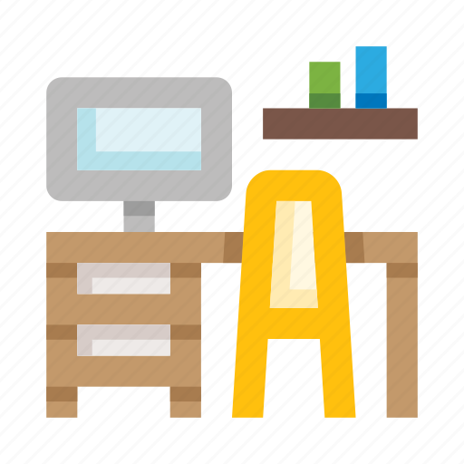 Workplace, desk, table, armchair, books, bookshelf, computer icon - Download on Iconfinder