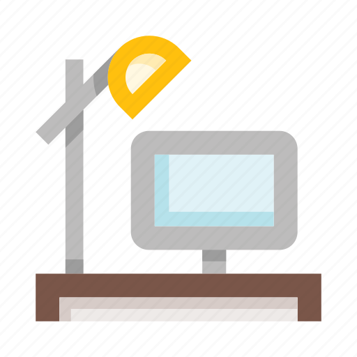 Workplace, desk, table, lamp, furniture, computer, office icon - Download on Iconfinder