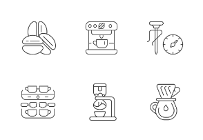 Coffee and barista accessories icons. Linear. Outline