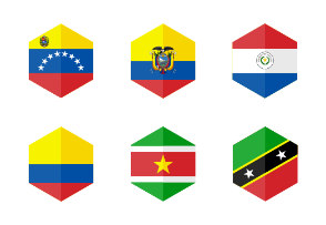 South America Flag Icons. Hexagon Flat Design.
